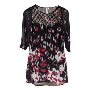 Black and Red Long Sleeve Floral Dress With Sheer Overlay XS